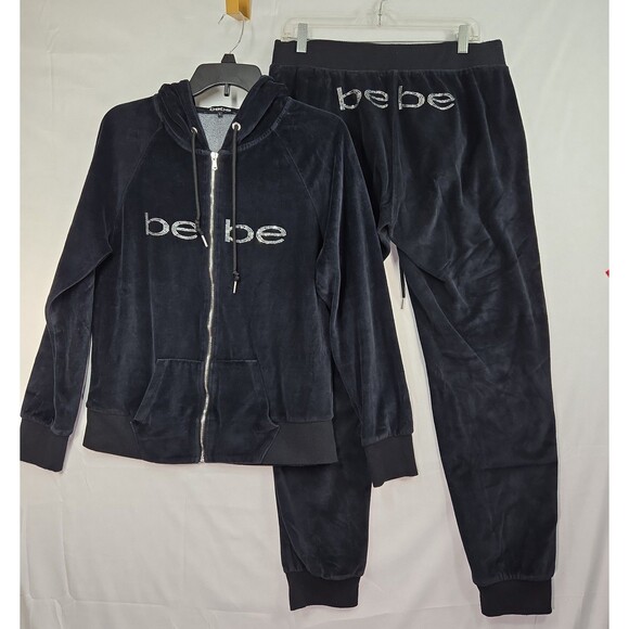 Bebe Logo Velour Y2K Black Tracksuit Rhinestones Bling Full Zip 2 Pc Size Large - Picture 1 of 11